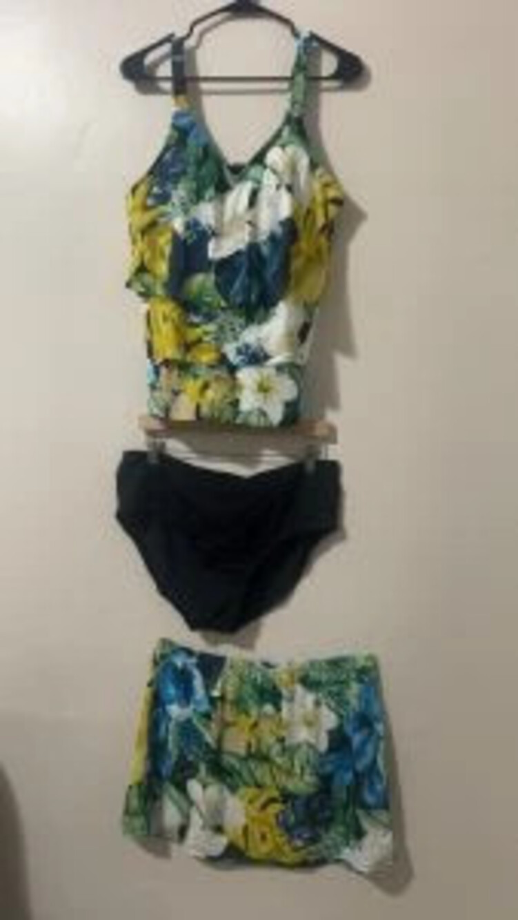 susan graver 3-piece floral tankini swimsuit set with swim skirt